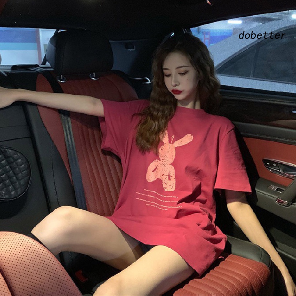 Áo Thun Nữ Cổ Tròn Dáng Rộng In Họa Tiết Hoạt Hình Phối Màu Tương Phản Thời Trang Mùa Hè