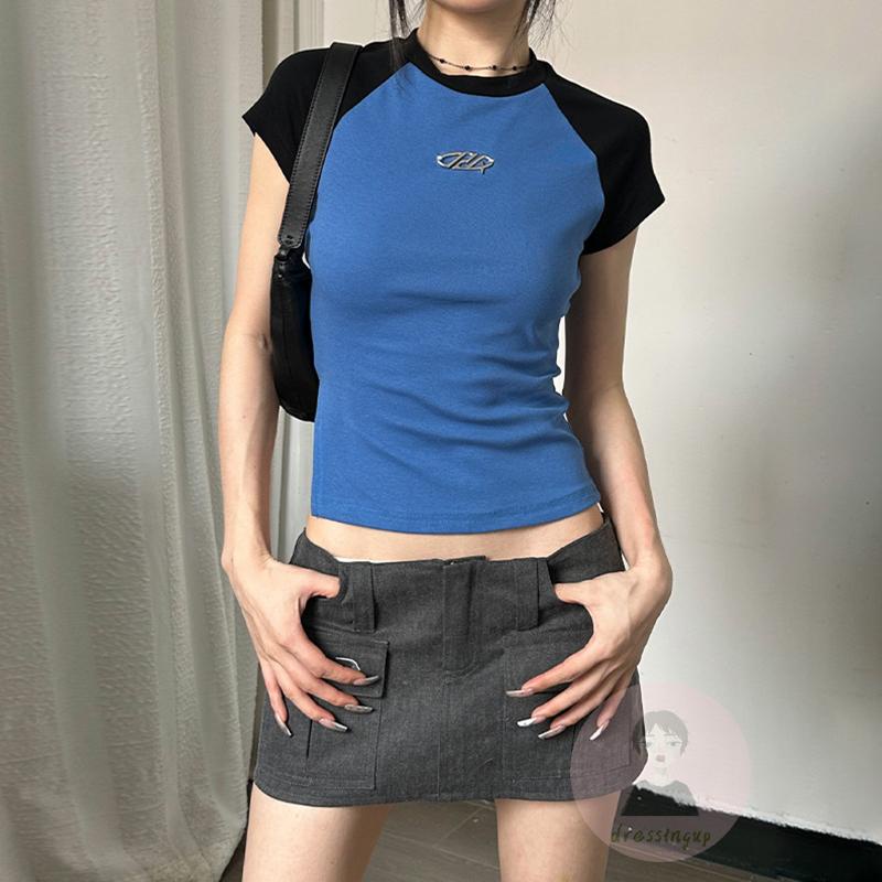 Áo Thun Ngắn Tay Cổ Tròn Màu Sắc Tương Phản Thời Trang Cho Nữ