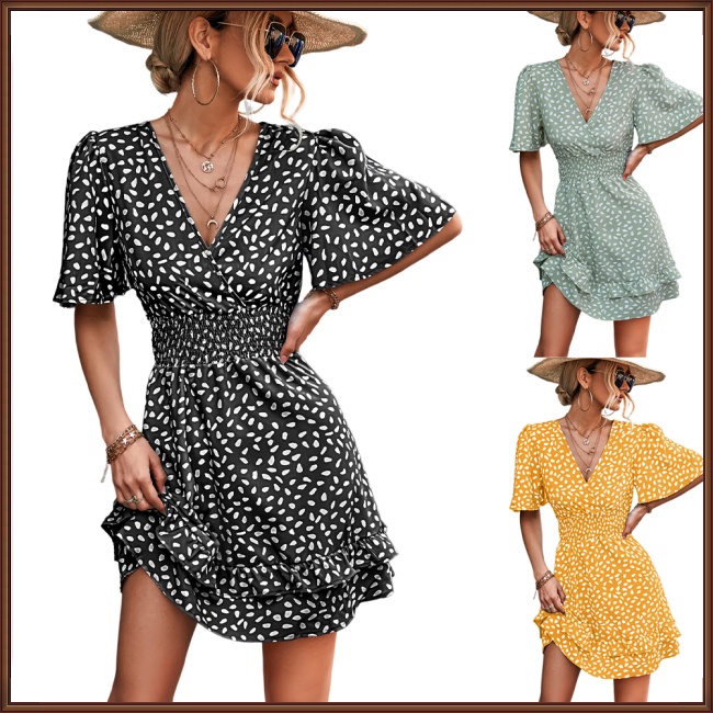 Đầm Dáng Chữ A Tay Phồng Cổ Chữ V Họa Tiết Chấm Bi Thời Trang Đi Biển