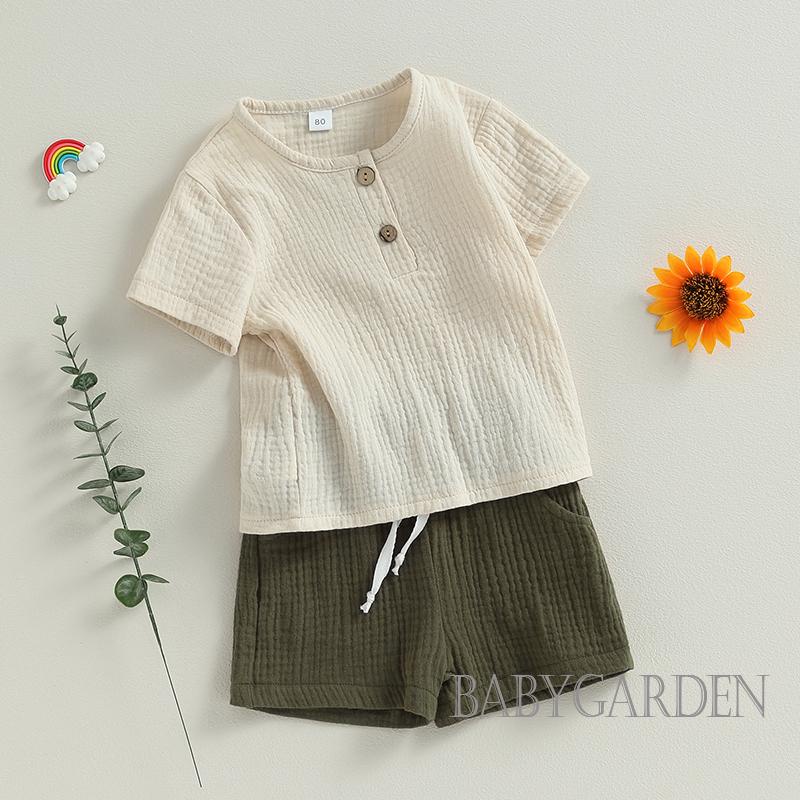 Set Áo Thun Tay Ngắn Cổ Tròn + Quần Short Màu Trơn Thời Trang Cho Bé Trai 6 Tháng-4 Tuổi