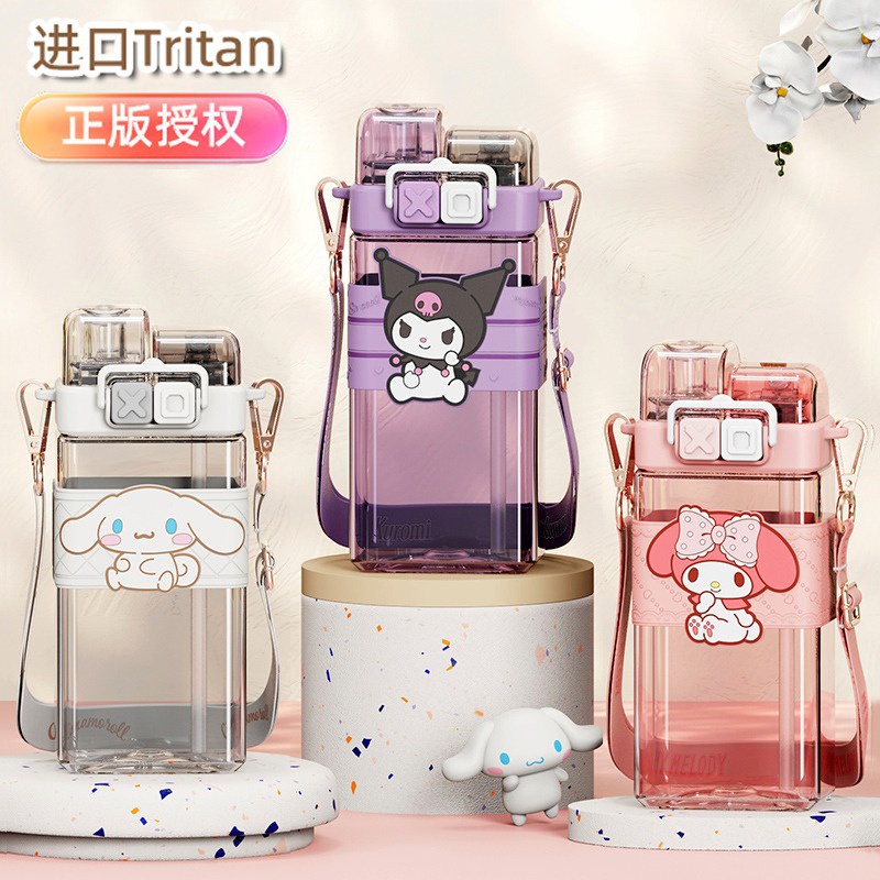 Bình Nước 520ml Sanrio Kèm Ống Hút Họa Tiết Hoạt Hình Dễ Thương