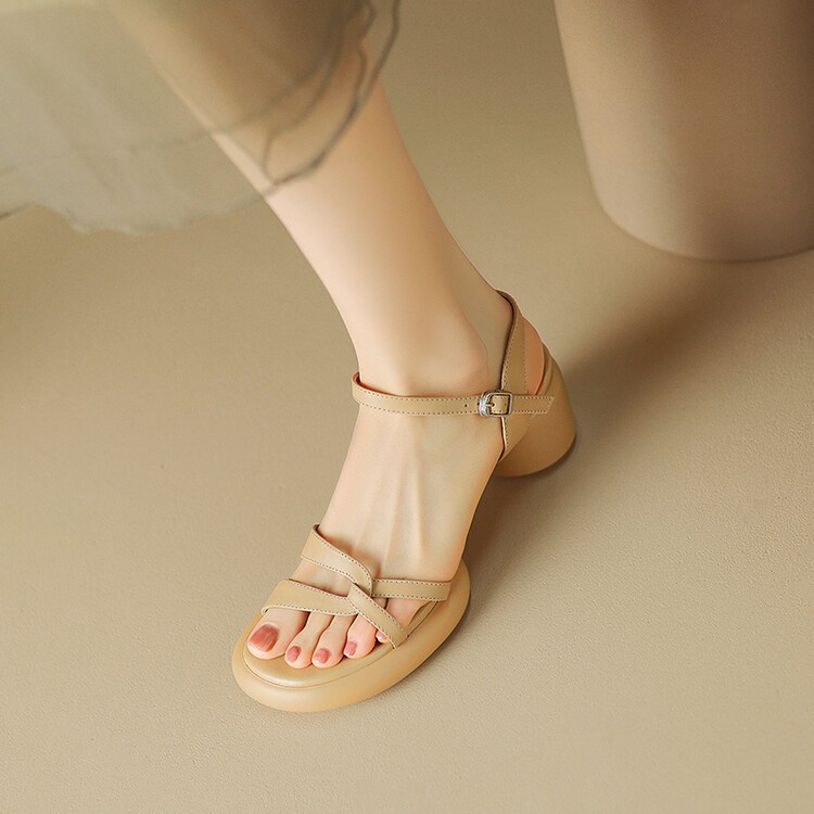 Duoya Tóc Thẳng ~ [Hàng Có Sẵn] Giày Sandal Cao Gót Hở Ngón Đế Dày Bằng Da Mềm Cài Khóa Phong Cách Roman Dễ Phối Đồ Cho Nữ Miễn Phí Vận Chuyển