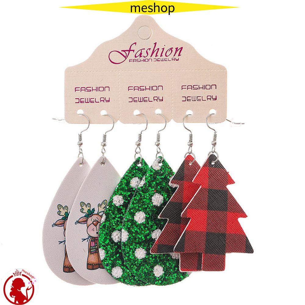 Set 3 Đôi Bông Tai Bằng Da In Họa Tiết Cây Thông Giáng Sinh