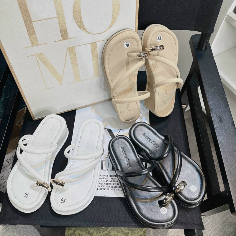Dép xuồng  LUDUMI - Dép nữ xỏ ngón khóa vàng da mềm cao 5 cm- Hàng Vnxk