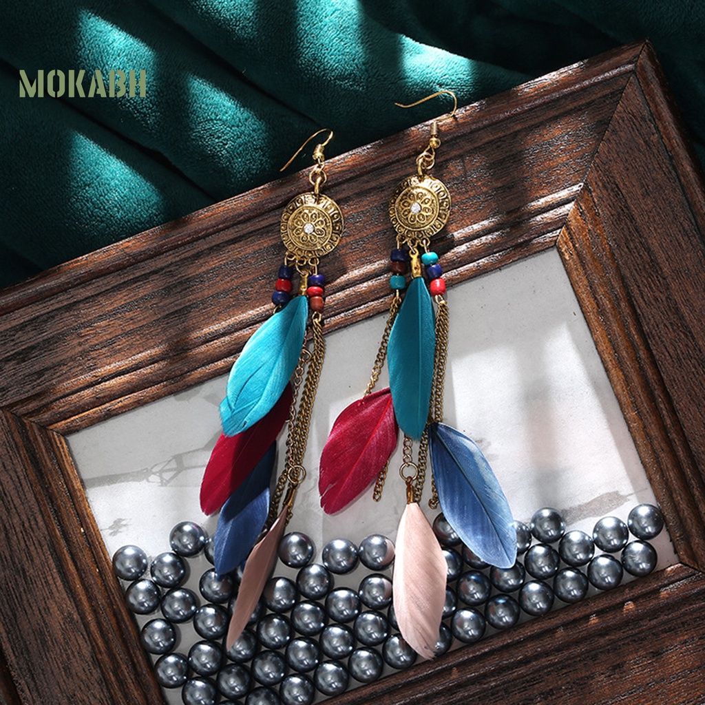 1 Cặp Bông Tai Dáng Dài Hình Lông Vũ Phong Cách Bohemian Cổ Điển Thời Trang Cho Nữ