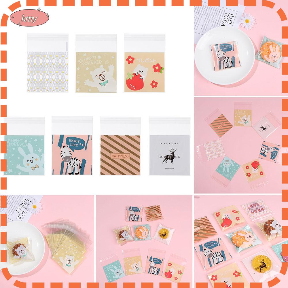 Set 100 túi đựng bánh kẹo 7*7+3cm tự dính họa tiết hoạt hình dễ thương
