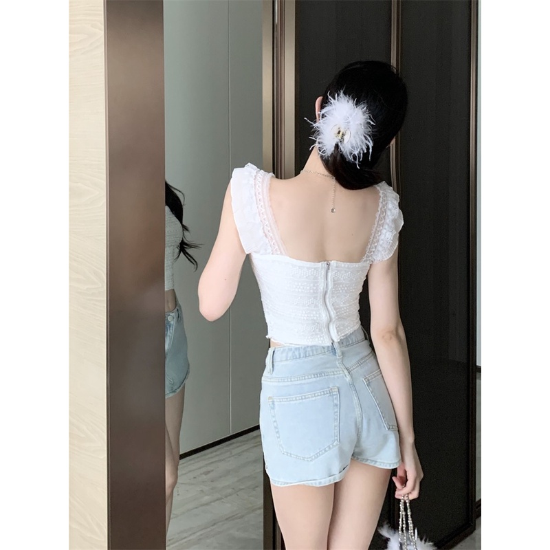 Áo Croptop  ba lỗ hở rốn màu đen dáng ngắn ren gợi cảm khí chất phong cách Hàn Quốc mùa hè nữ