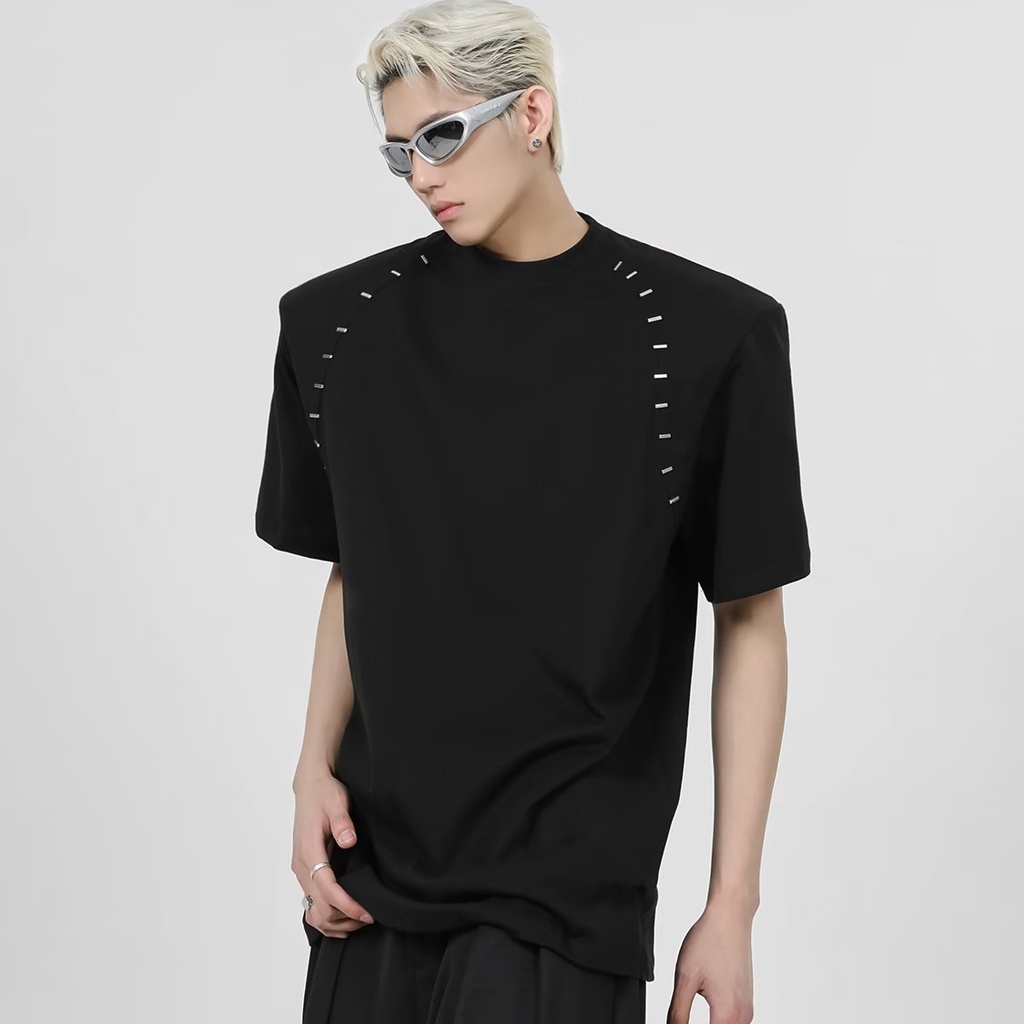 Áo Thun Cotton Tinh Khiết Tay Ngắn Thiết Kế Đường Viền Hạt Kim Loại Đơn Giản Dễ Phối Đồ Mùa Hè Nich