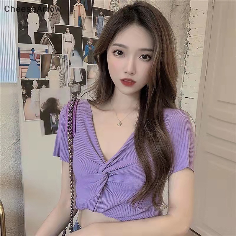 Áo Thun Dệt Kim Tay Ngắn Cổ Chữ V Màu Sắc Thời Trang Mùa Hè Dành Cho Nữ