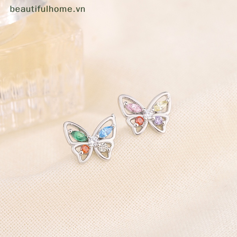 Bông Tai Hình Bướm Rỗng Đính Đá Zircon Nhiều Màu Sắc Dễ Thương Cho Nữ