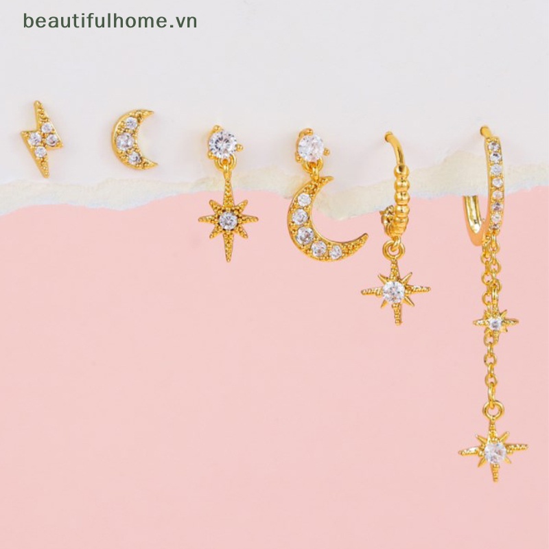 Bộ 6 Bông Tai Hình Mặt Trăng / Ngôi Sao Đính Đá Zircon Nhiều Màu Sắc Dành Cho Nữ