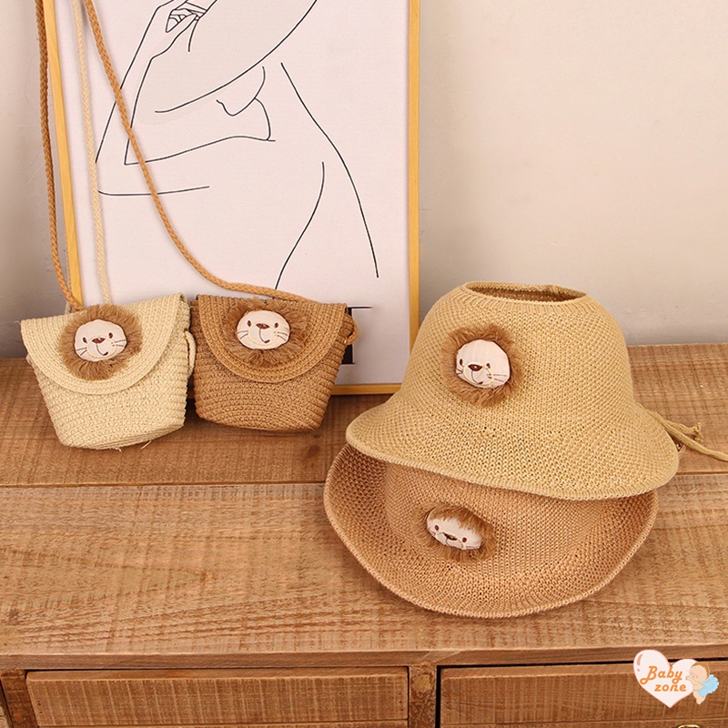 Khung Thành Cho Bé Chất Lượng Cao❤Mũ Cói Hở Chóp Thêu Hình Sư Tử Hoạt Hình Phong Cách Hàn Quốc Cho Nữ