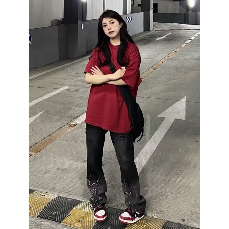 Quần Jean Ống Rộng Thêu Ngôi Sao Màu Gradient Phong Cách Đường Phố Mỹ Hàng Mới A3g4