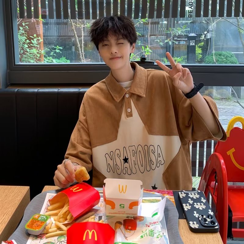 Áo Thun POLO Tay Ngắn Dáng Rộng In Ngôi Sao Màu Sắc Retro Dành Cho Cặp Đôi