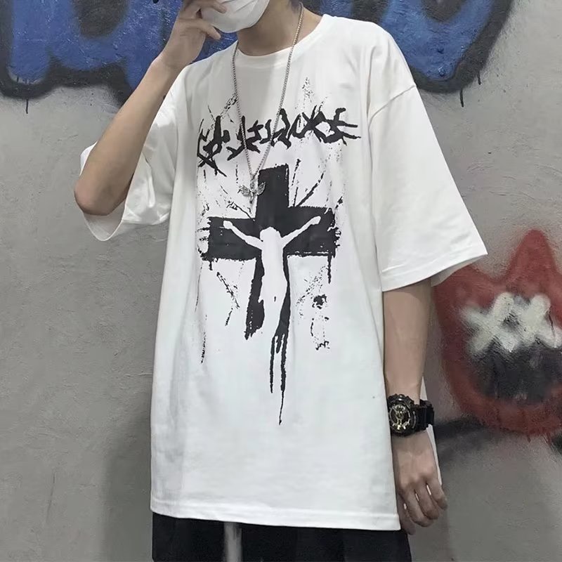 Áo Thun Tay Lỡ Dáng Rộng In Chữ Thập Phong Cách Đường Phố Thời Trang Mùa Hè Cho Nam