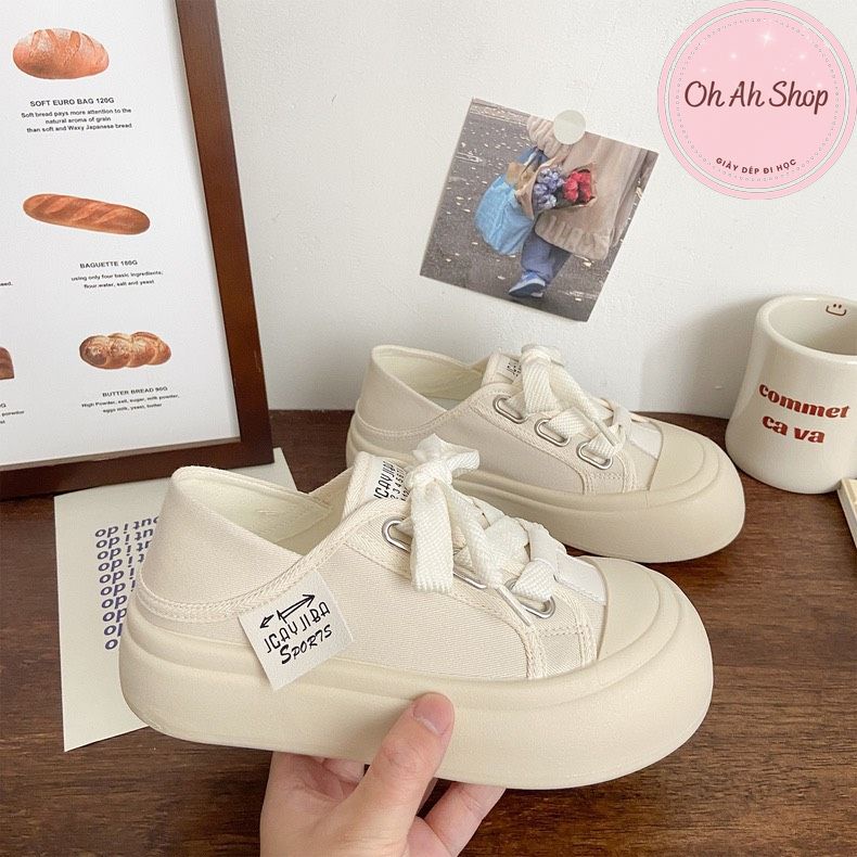 🍓  Giày Nữ Đi Học Giày Bánh Mì Đạp Gót Màu Kem Dây To Phong Cách Hàn Quốc  Ohahshop