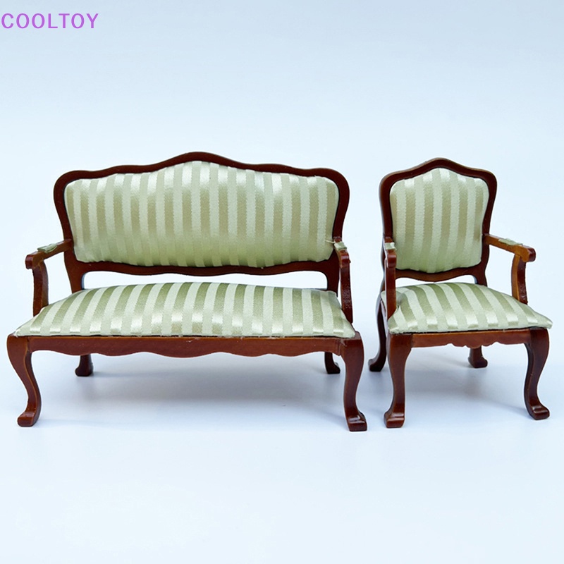Cooltoy Mô Hình Ghế sofa Hai Tay Vịn Màu Xanh Lá Kẻ Sọc Trang Trí Nội Thất Nhà Búp Bê 1: 12