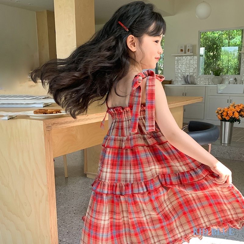 Đầm Tầng Thắt Nơ Họa Tiết Caro Ngọt Ngào Thời Trang Mùa Hè Phong Cách Hàn Quốc Cho Bé Gái