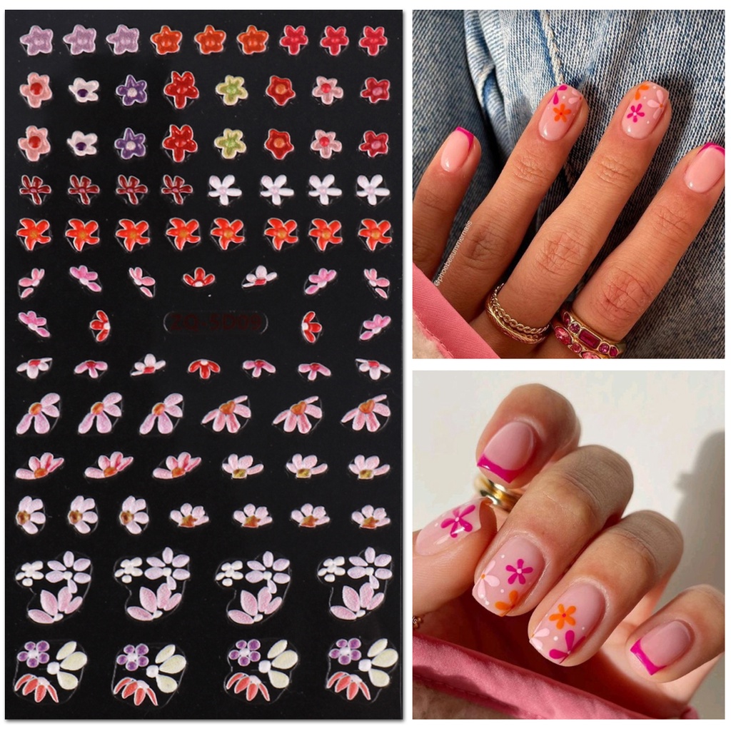 Miếng Dán Móng Tay Dập Nổi Họa Tiết Hoa Năm Cánh Trái Tim Màu Sắc Mùa Hè Pháp