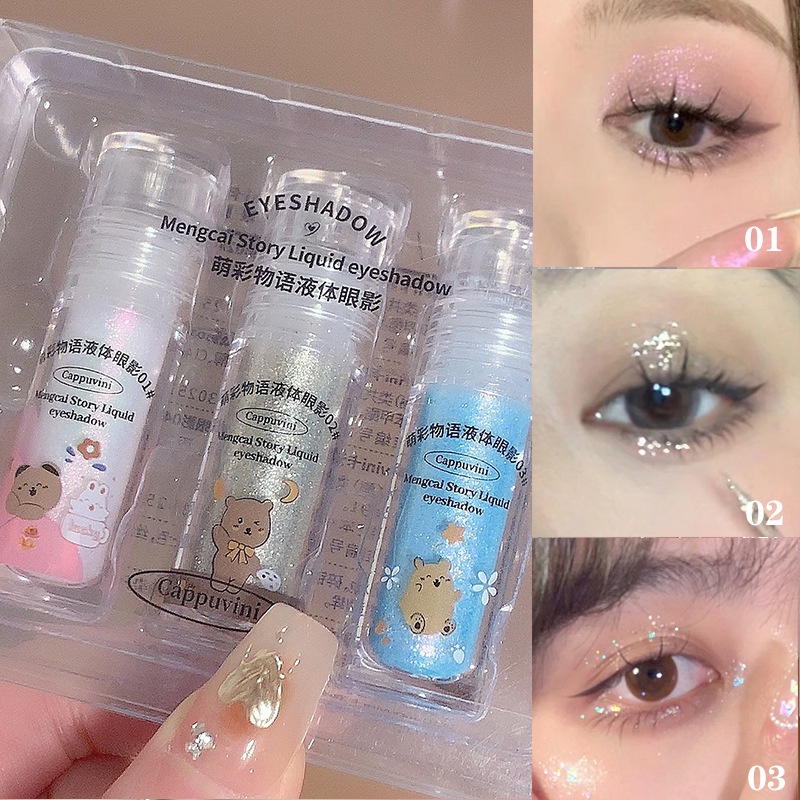 Set 3 Phấn Mắt Dạng Lỏng Ánh Nhũ Lấp Lánh Hình Gấu Dễ Thương