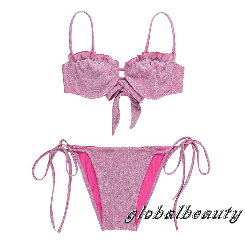 Bộ Bikini 2 Mảnh Không Tay Eo Thấp Thắt Dây Màu Lấp Lánh Cho Nữ
