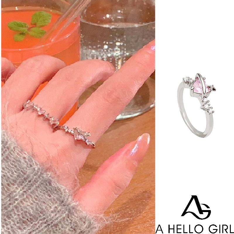 Ahellogirl Nhẫn Đính Đá Zircon Hồng Ngọt Ngào Sang Trọng Phong Cách Nhật Bản Cho Nữ