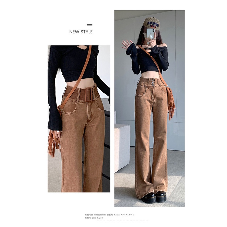 Quần Jean Nữ Ống Loe Rộng Lưng Cao Màu Nâu Phong Cách Hàn Quốc Cổ Điển Thời Trang Thu Đông Kiểu Mới