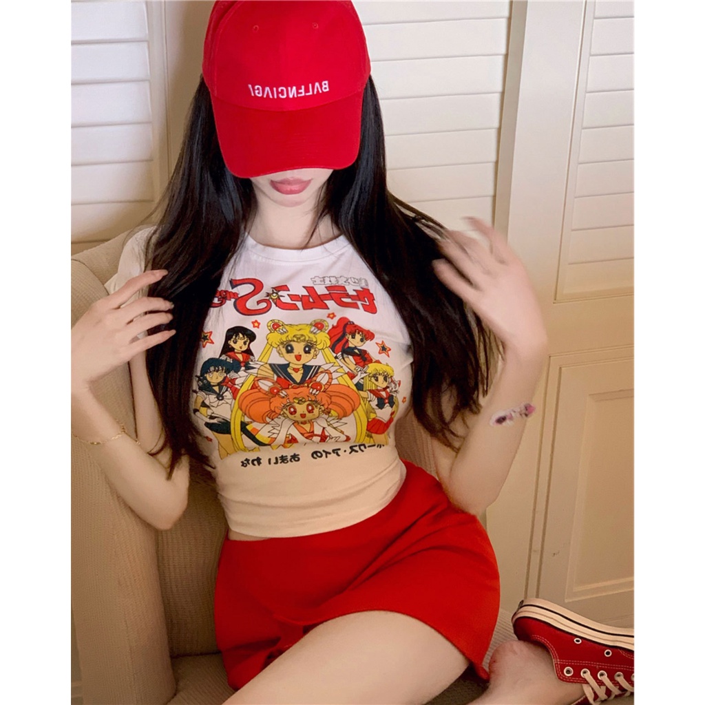 Áo Thun Ngắn Tay Lưng Cao Dáng Ôm In Hoạt Hình Thời Trang Xuân Hè 2023 Cho Nữ