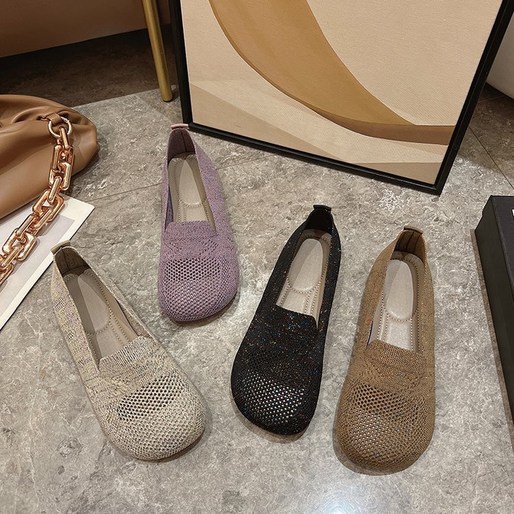 Giày Búp Bê Dệt Kim Mũi Tròn Đế Dày Thấp Màu Đen / Tím Thời Trang Cho Nữ TJSB