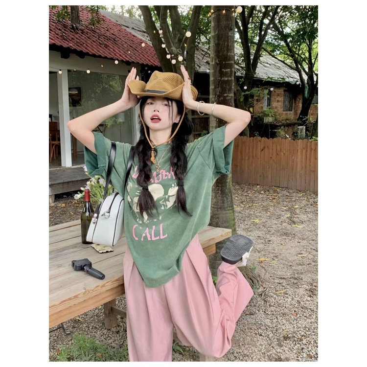 Áo Thun Ngắn Tay Dáng Rộng In Họa Tiết Phong Cách Retro