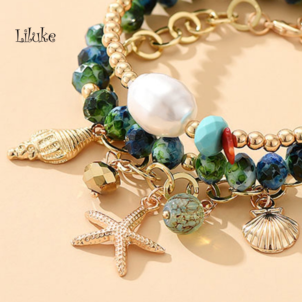 Vòng Tay Hợp Kim Xỏ Hạt Nhiều Lớp Màu Trơn Phong Cách Bohemian