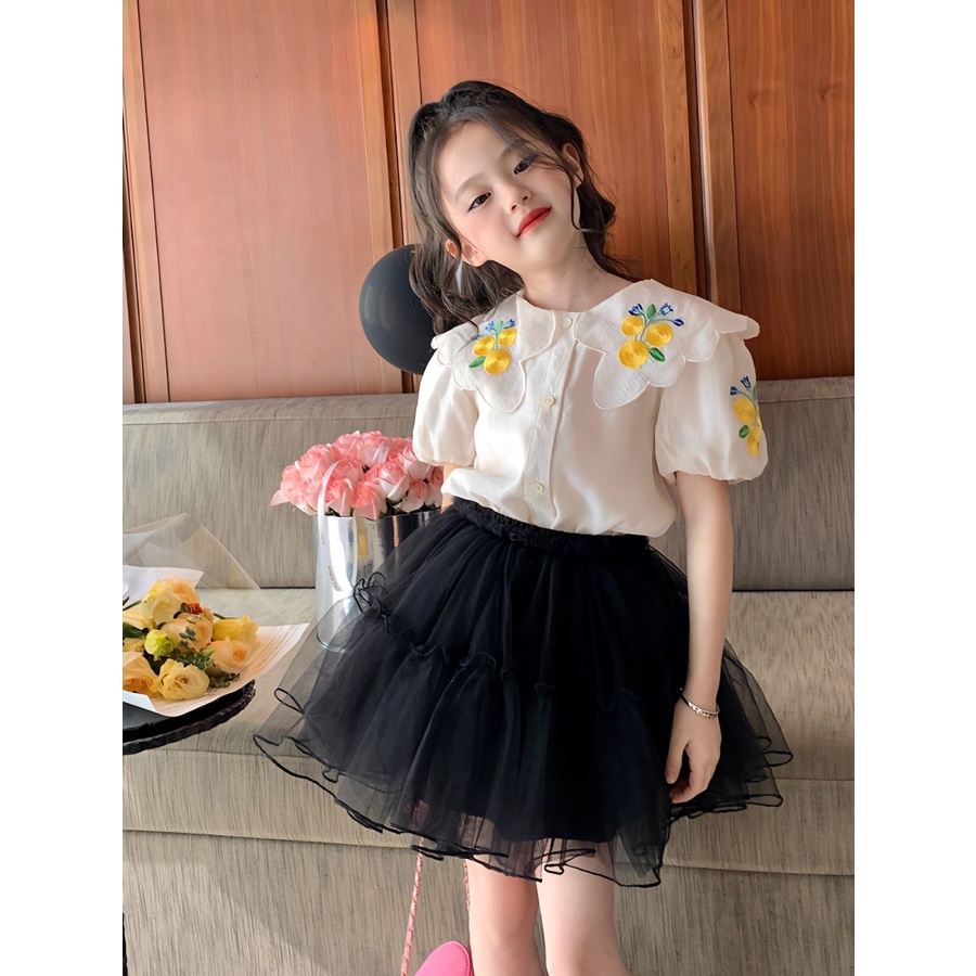 Bộ Áo Sơ Mi Cổ Búp Bê Thêu Họa Tiết + Chân Váy Lưới Ngắn Thời Trang Mùa Hè 2023 Mới Cho Bé Gái