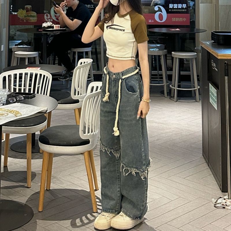 Quần Jean Dài Ống Rộng Lưng Cao Phong Cách Hong Kong Thời Trang Mùa Hè Mới Cho Nữ