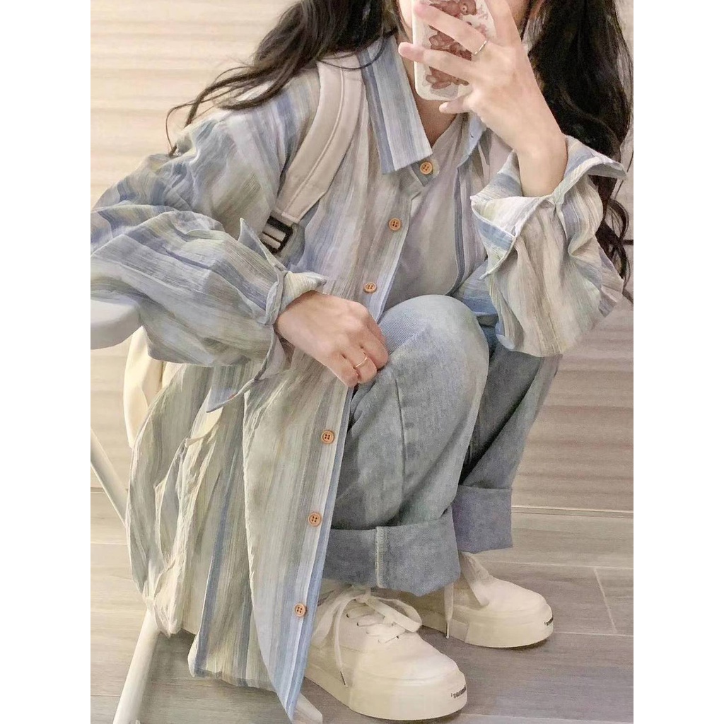 Áo Sơ Mi Mỏng Chống Nắng Họa Tiết Kẻ Sọc Thời Trang Mùa Hè 2023 Mới Cho Nữ