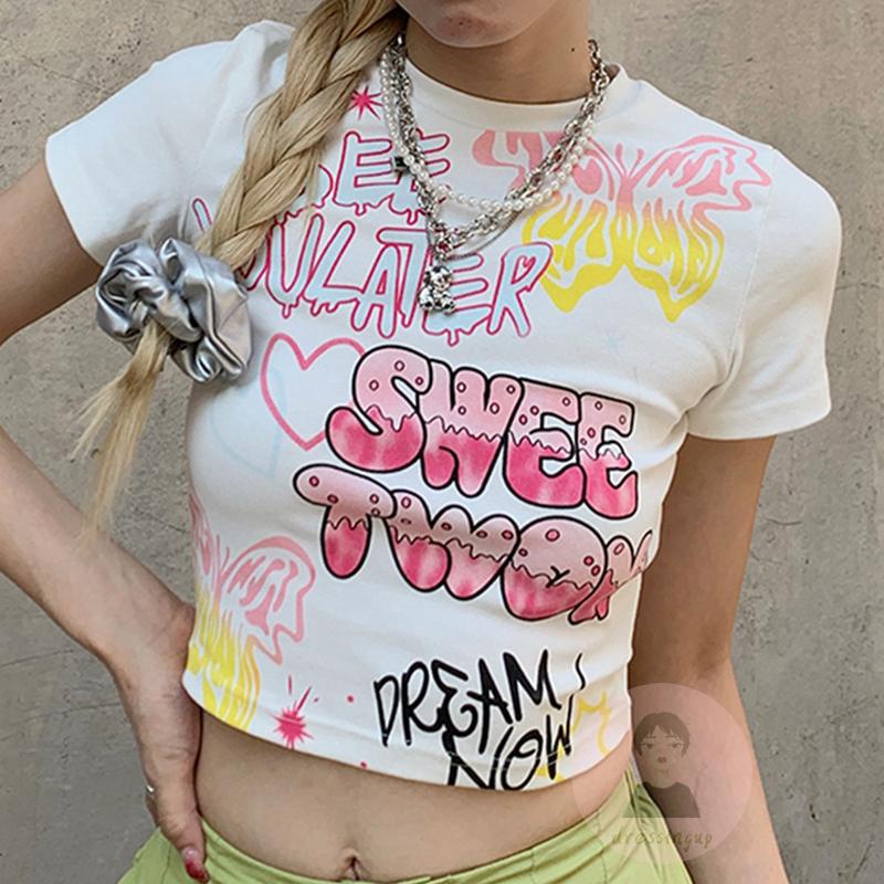 Áo Thun Croptop Tay Ngắn Dáng Ôm In Họa Tiết Hoạt Hình Và Chữ Cá Tính Cho Nữ