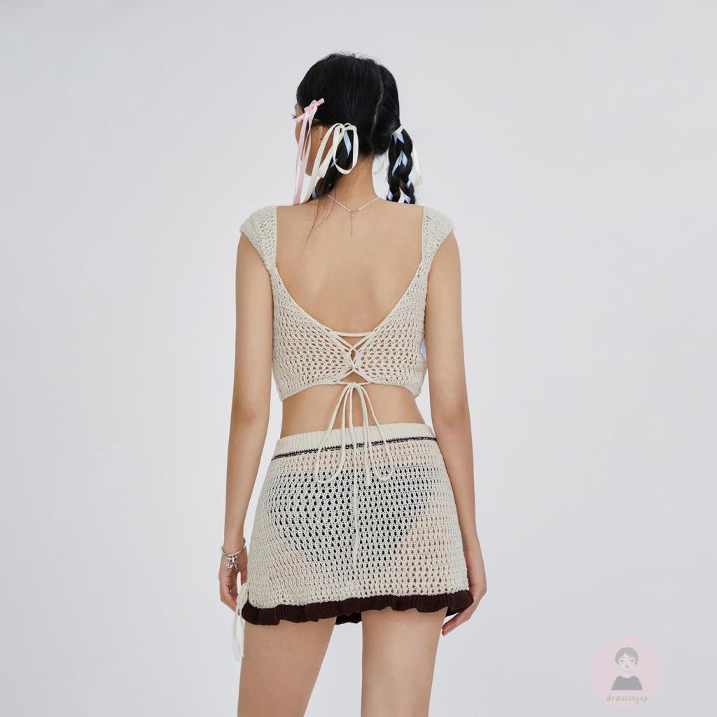 Bộ Trang Phục Mùa Hè 2 Món Gồm Áo Dệt Kim Buộc Dây + Chân Váy Màu Sắc Tương Phản Cho Nữ