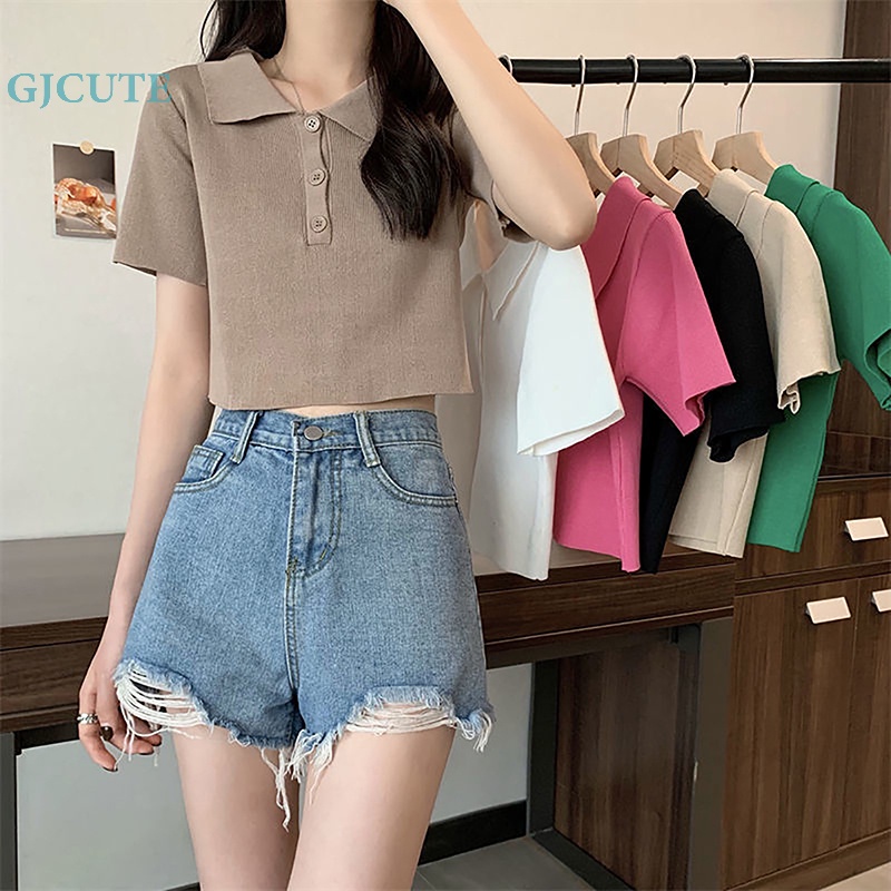 Áo Croptop Dệt Kim Ngắn Tay Họa Tiết Kẻ Sọc Có Cổ Cài Nút Thời Trang Thường Ngày