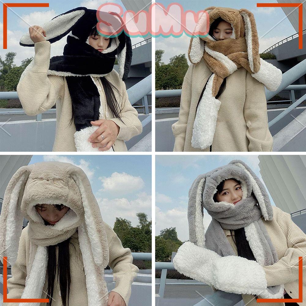 SUMU Mũ Trùm Đầu Kiêm Khăn Choàng Cổ Đính Tai Thỏ Mềm Mại Thời Trang Mùa Đông Cho Nữ