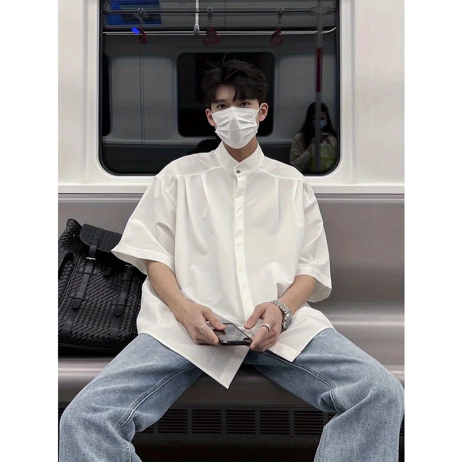 Áo Sơ Mi Tay Ngắn Cổ Đứng Dáng Rộng Phong Cách Đường Phố Thời Trang Mùa Hè Cho Nam