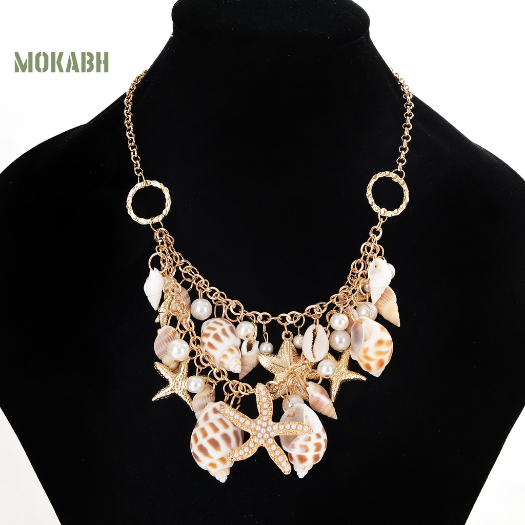 [Mok Abh] Vòng Cổ Nhiều Lớp Họa Tiết Hình Vỏ Sò Và Sao Biển Đính Ngọc Trai Nhân Tạo