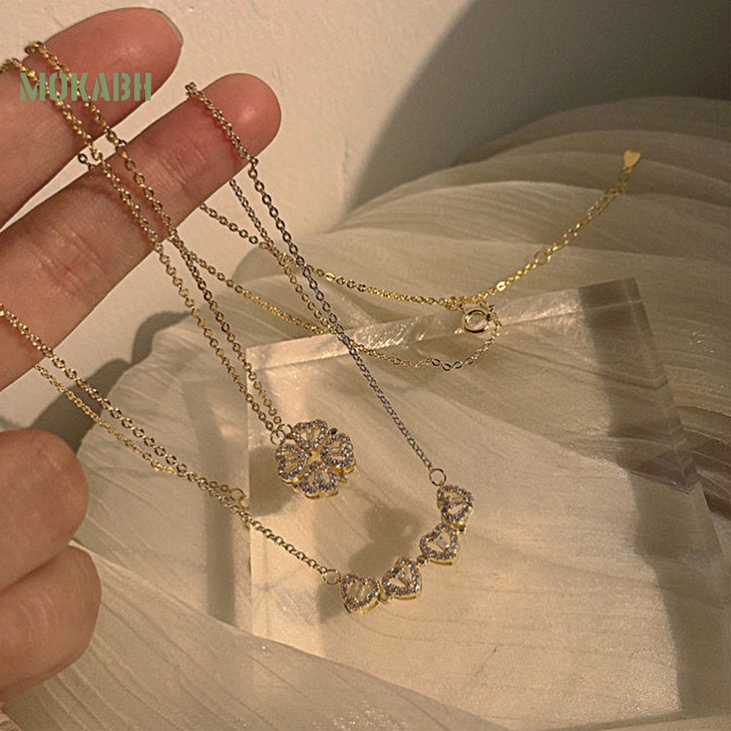 [Mok Abh] Vòng cổ Mạ Điện Hai Chiều Mặt Hình Trái Tim Đính Đá Lấp Lánh Sang Trọng