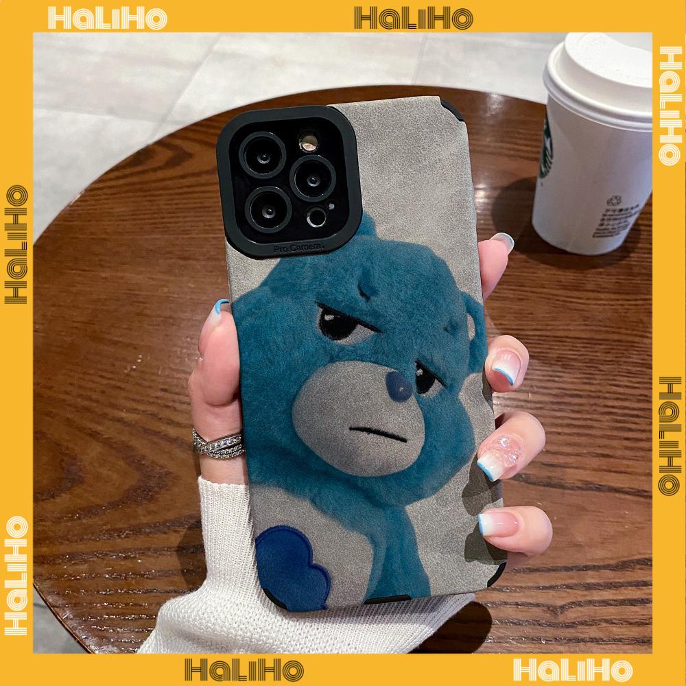 Ốp Lưng iPhone 11 Vỏ Da Veneer Màu Xám Vỏ Lông Học Trò Vỏ Mềm Chống Sốc Hình Gấu Xanh Dễ Thương Tương thích với iPhone 14 Pro max 13 Pro max 12 Pro Max XR XS 6Plus 7Plus 8Plus