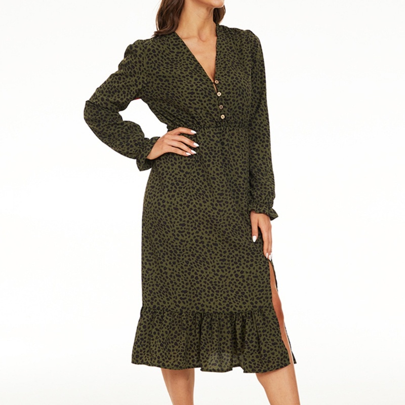 Đầm Midi Dài Tay Cổ Chữ V Eo Cao Thời Trang Cho Nữ