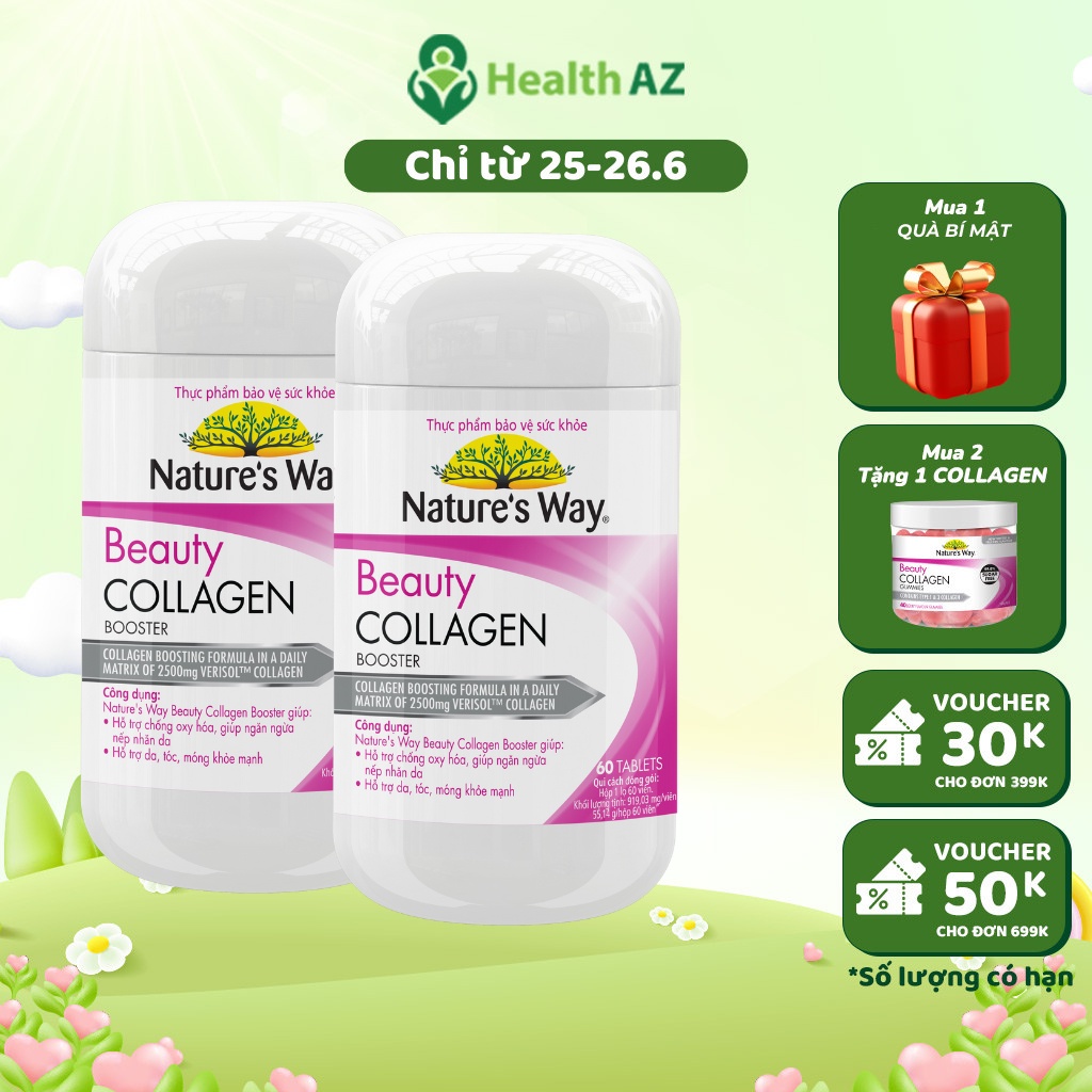 Combo 2 Viên Uống Đẹp Da Collagen Beauty Booster NATURE'S WAY Hỗ Trợ Ngăn Ngừa Oxy Hóa, Hộp 60 Viên x 2