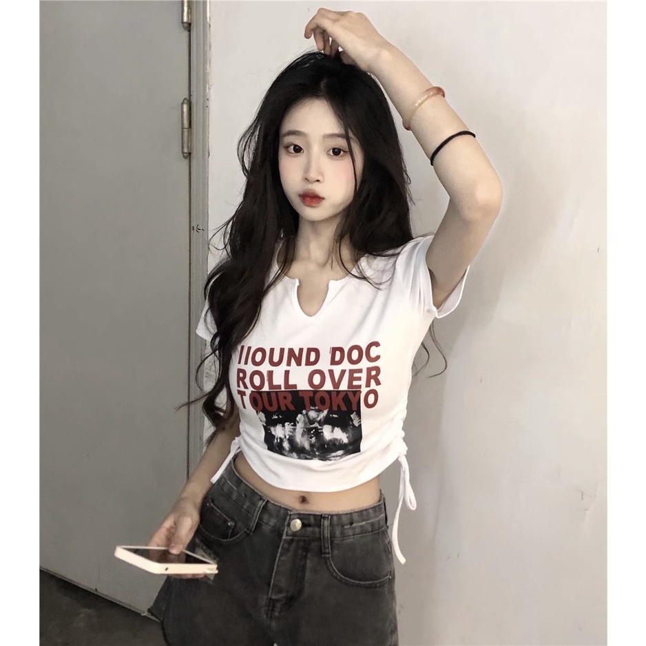 Áo phông in hình croptop ôm body áo thun rút dây 2 bên áo cổ chữ v áo croptop ôm crotop trắng croptop kiểu