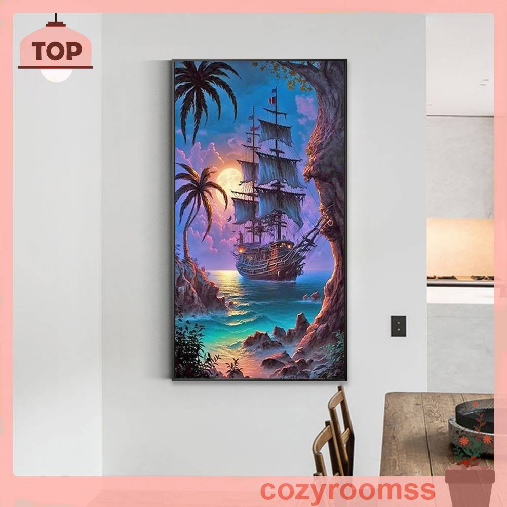 Tranh Đính Đá Kim Cương Toàn Bộ 5D DIY Hình Vẽ Thuyền Buồm Trang Trí Nhà Cửa