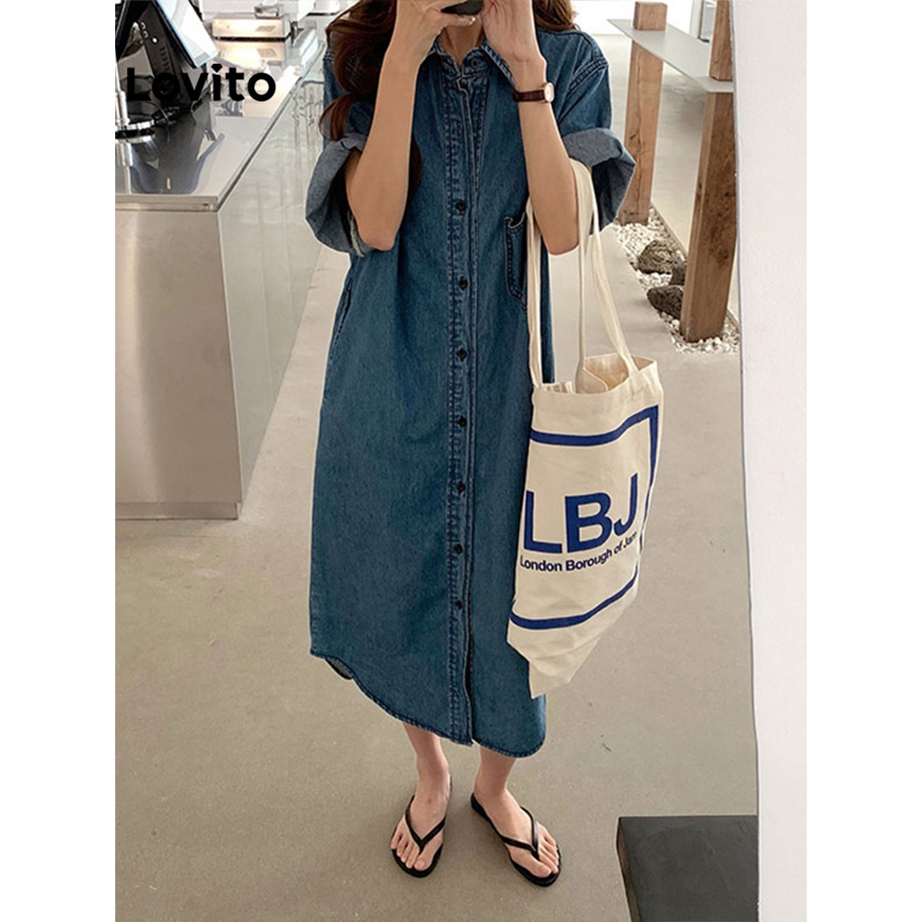 Lovito Đầm denim thô có túi màu trơn giản dị dành cho nữ LNA09005 (Màu xanh da trời)