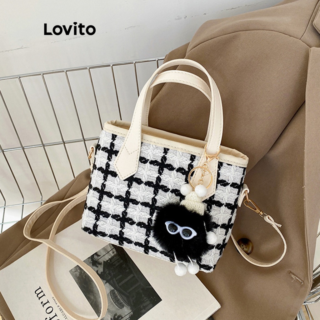 Lovito Túi vuông họa tiết cổ điển kẻ sọc đơn giản cho nữ LNA09108 (Trắng đen)