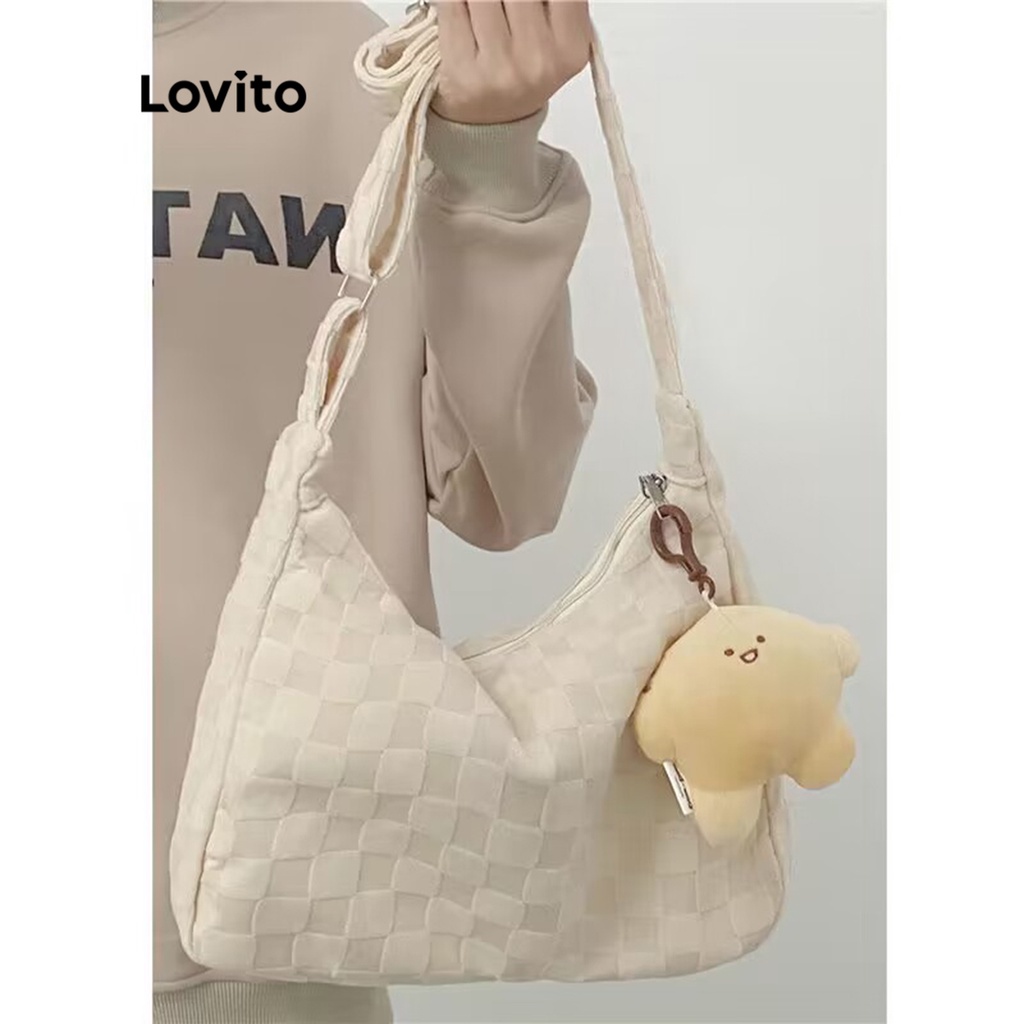 Lovito Túi tote đeo vai có khóa kéo kẻ caro thông thường cho nữ LNA09118 (Tắt Trắng/Xanh dương/Đen)