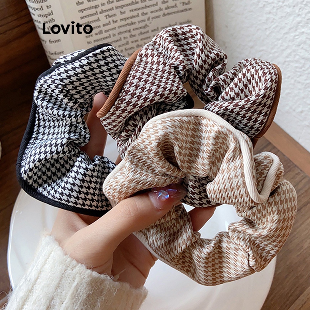 Lovito Dây buộc tóc họa tiết kẻ sọc cổ điển cho nữ LNA09363 (Kaki/Nâu/Đen trắng)